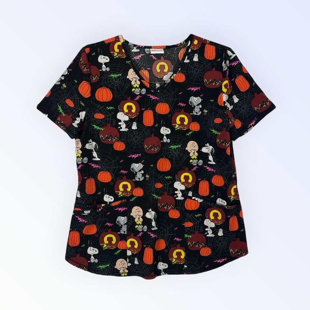 Peanuts Snoopy Halloween Scrub Top Charlie Brown Great Pumpkin Women's MEDIUM